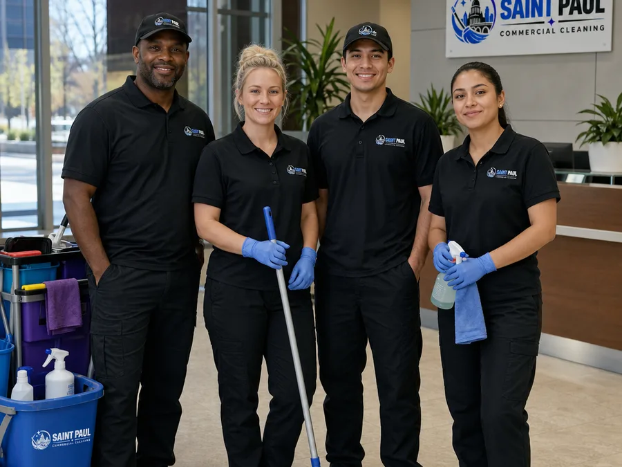 Uniformed commercial cleaning team with carts and tools staged in a well-lit office lobby