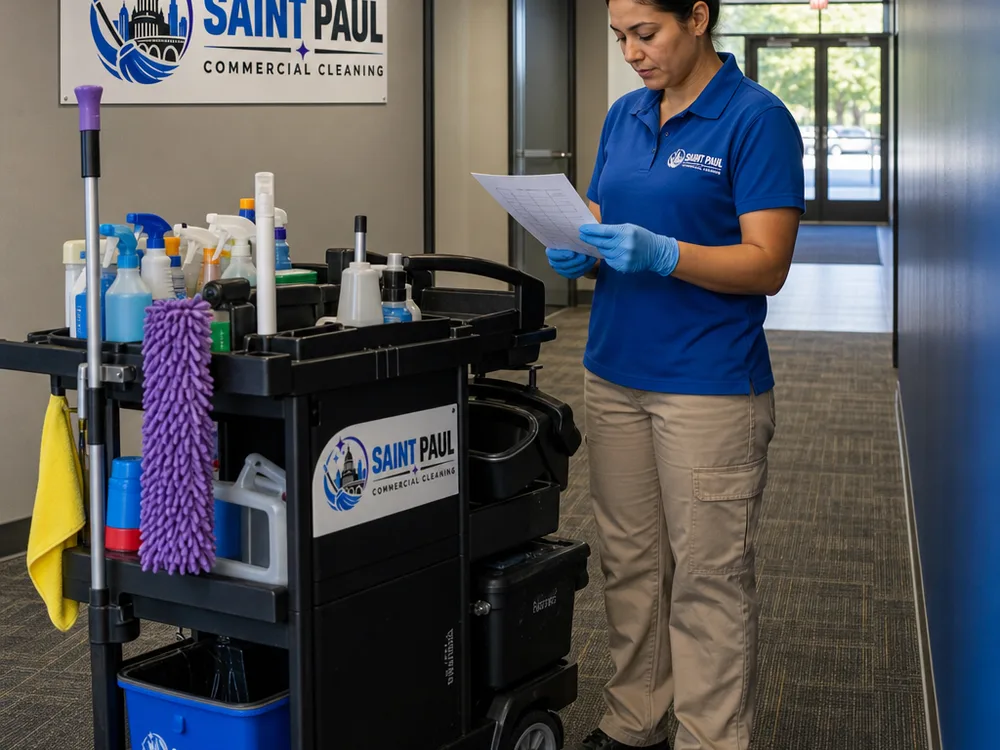 Janitorial cart and supplies staged in a commercial hallway with a technician reviewing a printed task list